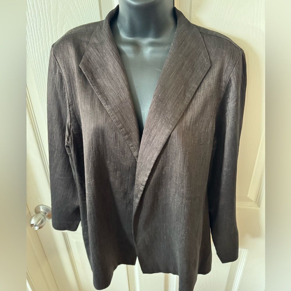 EILEEN FISHER Silk Blend Brown Metallic Open Front Crepe Blazer Jacket Sz L - Picture 2 of 12